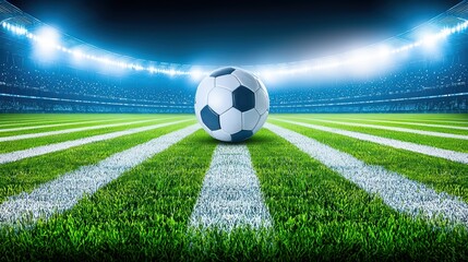 Fototapeta premium Soccer concept. Soccer Ball on Green Field with Stadium Lights and Spectators in Background, Evening Atmosphere of Excitement and Energy