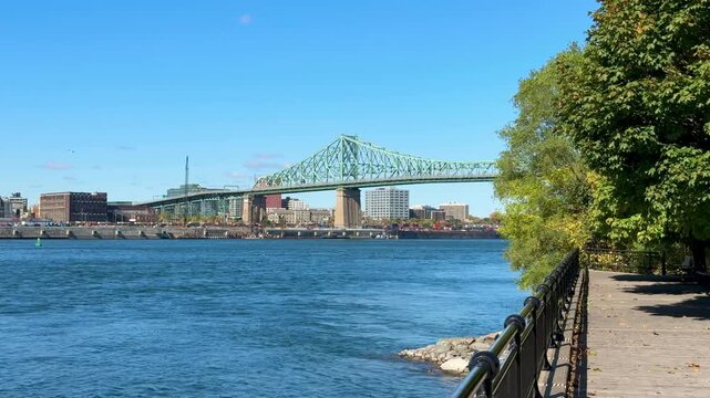 Montreal, Canada - October 08, 2025: Jacques Cartier Bridge filmed from Jean Drapeau Park.