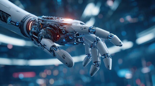 A robotic hand reaches out in a high-tech setting filled with glowing lights and complex machinery. The detailed design highlights the blend of metal and circuits.