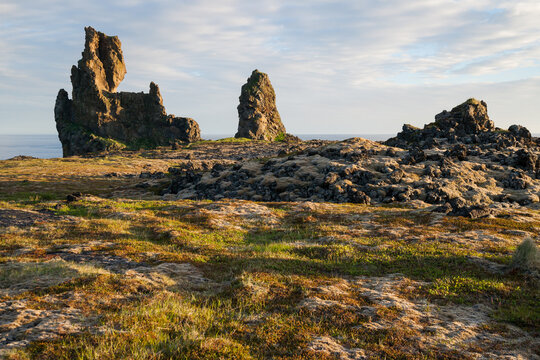 Lava formation Londrangar on Snaefellsnes peninsula in Iceland at sunset