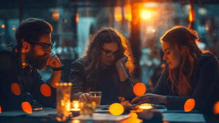 Young professionals brainstorming ideas at a caf&eacute;-style meeting table with warm lighting and thoughtful atmosphere