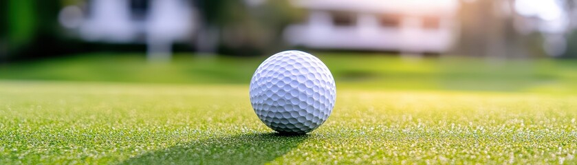Obraz premium Golf concept. Close-Up View of a Golf Ball on a Manicured Green Surface with Soft Sunlight and Blurred Background Elements