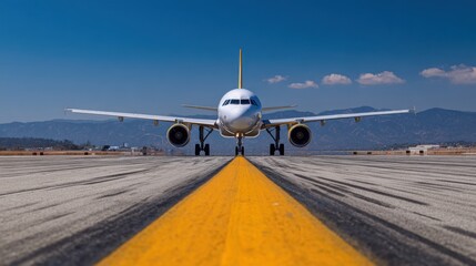 An airplane sits on the runway ready for departure. The sky is bright blue with a few clouds and mountains can be seen in the distance. Ground crew works nearby.