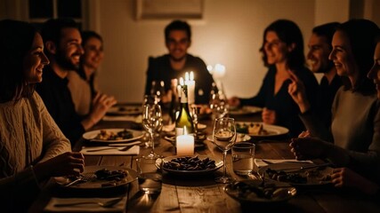 Friends and family enjoying a candlelit dinner together - Powered by Adobe