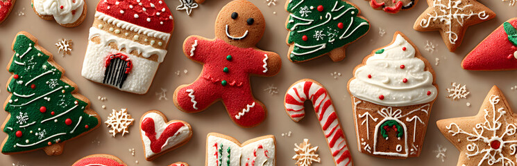 banner of flat lay Christmas sugar cookies with red icing on transparent background. xmas tree, star snowflake, candy cone, gingerbread house man. header, newsletter, poster, graphic illustration