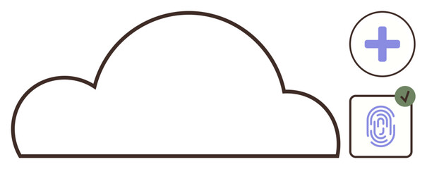 Cloud shape with a plus sign for adding files and a biometric fingerprint box with a verification check. Ideal for technology, data storage, security, cloud files, accessibility, protection, simple