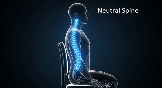 3d human anatomy of a neutral spine in a seated position with glowing blue vertebrae