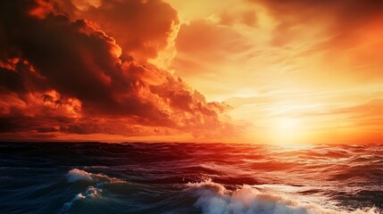 Dramatic sunset over turbulent ocean waves with vibrant colors and dynamic cloud formations