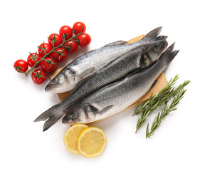 Board with fresh sea bass fish, rosemary twigs and tomatoes isolated on white background, closeup