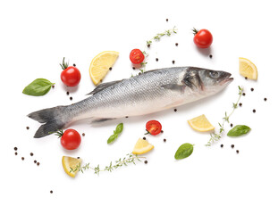 Fresh uncooked seabass fish, tomatoes and basil leaves isolated on white background, closeup