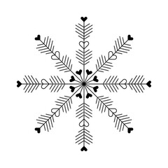Christmas snowflake vector black icon with cute heart shapes. Simple winter flat snow sign isolated on white background. New year snowy ornament for Christmas banner, new year card.