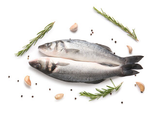 Fresh uncooked seabass fish, garlic and rosemary twigs isolated on white background, closeup