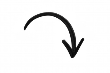 Black curved arrow doodle pointing down, drawing direction, navigation symbol, hand-drawn pointer, transparent background
