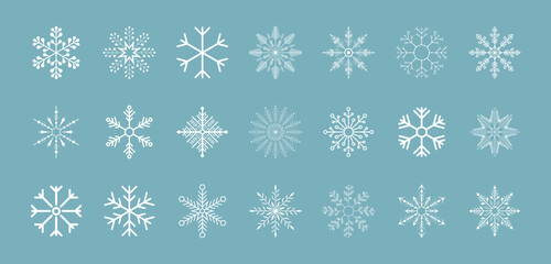 Christmas snowflake vector icon set. Winter snowflakes design element symbol, simple linear snow isolated signs for Christmas, new year, winter holidays card, banner and creative projects.