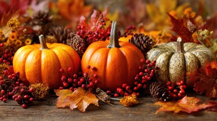 Colorful pumpkins sit surrounded by vibrant autumn leaves bright red berries and pinecones on a rustic wooden table. The warm hues capture the essence of fall.