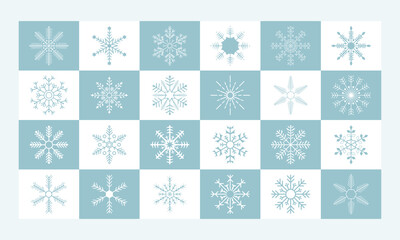 Set of Christmas snowflakes vector icon in different style. Winter season flat and simple snow symbols collection, Snowflake design element for Christmas, happy new year, winter holiday card.