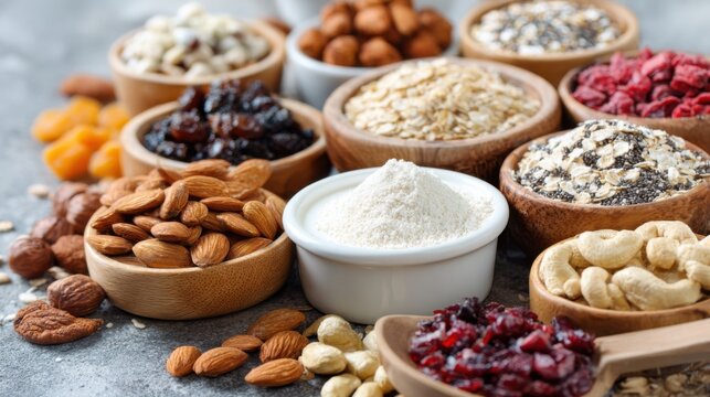 Various nuts dried fruits and grains are neatly arranged in wooden bowls on a gray surface. The display showcases vibrant colors and diverse textures inviting healthy snack options.