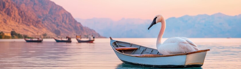 Serenity concept. Serene Swan on Calm Waters at Sunrise with Majestic Mountains in Background and Traditional Boats in Distance