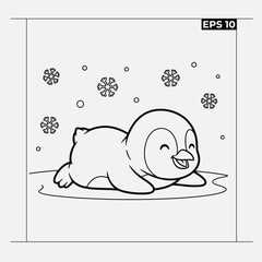 Naklejka premium Cute penguin lying down in snow flakes joyful winter cartoon animal line art