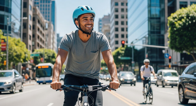 Urban cyclist enjoying ride through city streets with helmet on sunny day, smiling as he navigates bike lane surrounded by cars. Cyclist embodies healthy lifestyle and urban commuting.