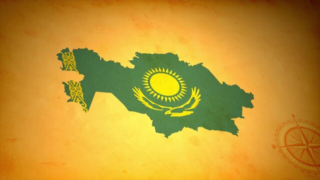 Animated Map of KAZAKHSTAN with Flag in Body Isolated on Vintage Background