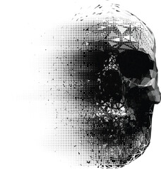 Vector polygonal halftone skull with geometric mesh and dotted dispersion effect. Monochrome style black and white dissolving transition pattern of 3D form.
