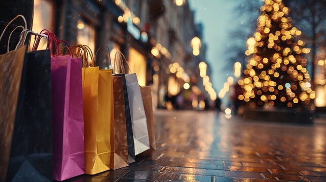 Excited shopper's colorful bags rest on wet street beneath twinkling holiday lights and festive tree, capturing winter sale magic.