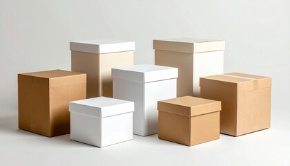 Fototapeta premium cardboard boxes—white and brown—arranged in a grid on a white surface, emphasizing packaging and minimalist design.