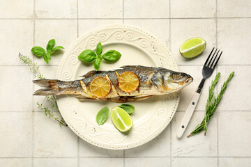 Plate with delicious cooked seabass fish, herbs and lime slices on white tile background