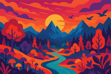 Vector illustration in flat simple style  with copy space for text - summer landscape with natural scene - gradient hills - abstract background or wallpaper for banner, greeting card, wallpaper