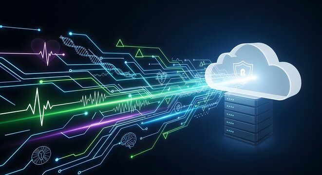 Secure digital data streams flow into protected cloud storage, visualizing advanced technology and vital health information.