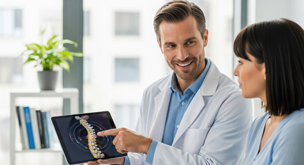 Doctor explaining spine model to patient on digital tablet in medical office. Doctor shares insights on spinal health and treatment options with attentive patient.