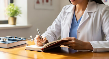 Medical professional writing notes with pen in clinic on wooden table. Healthcare worker meticulously records information, showcasing attention to detail in patient documentation.