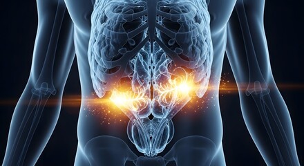 Dynamic 3D render of human anatomy showing glowing internal organs and skeletal structure with vibrant energy flares, perfect for medical or science communication