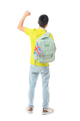 Male Asian student with UK flag on white background, back view