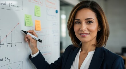 confident businesswoman presenting data analysis on whiteboard in modern office setting