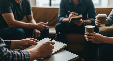 diverse group of people brainstorming ideas in a cozy modern office with coffee and notebooks