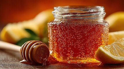  A jar of honey sits beside lemons and a wooden spoon with honey dipper