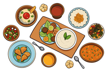 A healthy set of Italian food and drinks illustrations including pizza, salad, fruit, vegetables, meat, and cheese