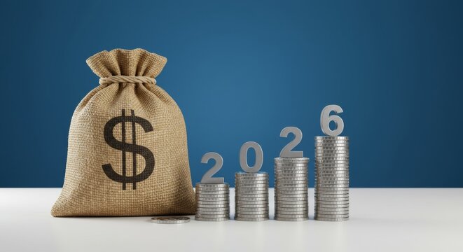 Financial growth and investment goals for 2026: money bag with rising coin stacks symbolizing future prosperity