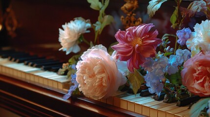  A close-up of a piano with flowers on its keys and in front of it is a beautiful and unique representation of a piano