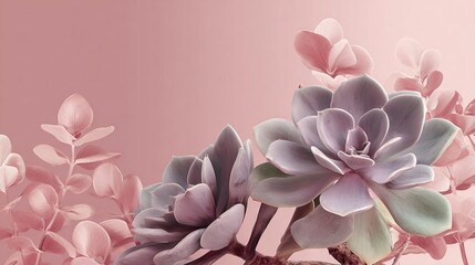   Close up of a variety of flowers against a soft pink backdrop, featuring a pink wall in the foreground and another pink wall behind