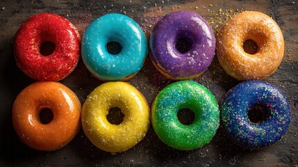   A row of colorful and sprinkled doughnuts arranged on a table