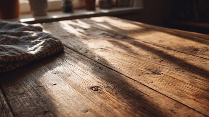  Close-up of wooden table with plaid cloth and window in background