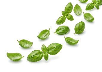 Falling fresh basil leaves isolated on white background showing natural herbal ingredient concept for organic cooking and healthy food design
