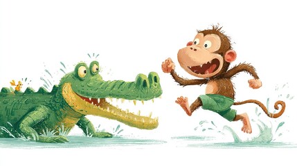   A cartoon depicts a monkey and a crocodile racing in opposite directions from the crocodile's mouth