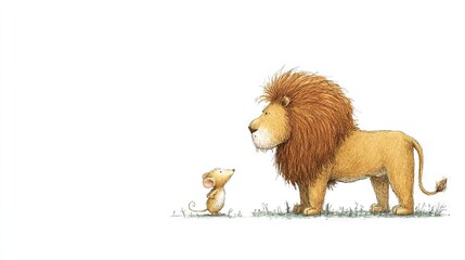   A sketch of a majestic lion positioned beside a tiny mouse on a lush green field under a bright white sky