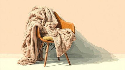  A chair covered in a blanket, another with a pillow, and a third with a blanket