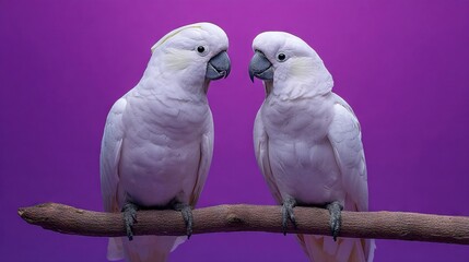   Purple background with two white birds perched on a tree branch
