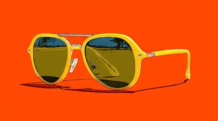   A yellow pair of sunglasses perches on an orange backdrop, with a tree's reflection captured in the lenses